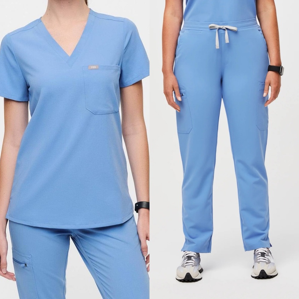 Figs Ceil Blue Scrubs Set Catarina Top and Yola Skinny Scrub Pants XS